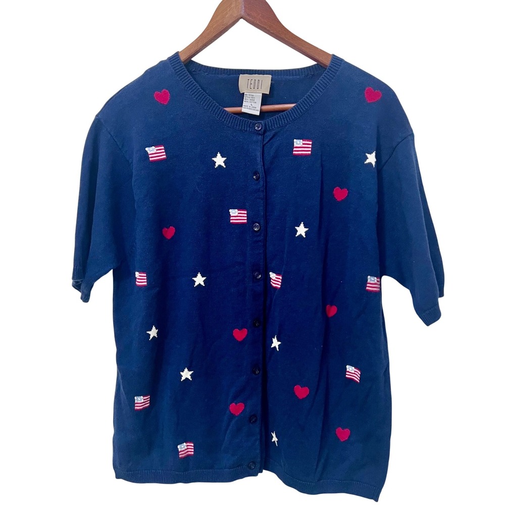 Teddi Womens Navy‎ Blue Short Sleeve Cardigan Sweater Patriotic Hearts Stars L